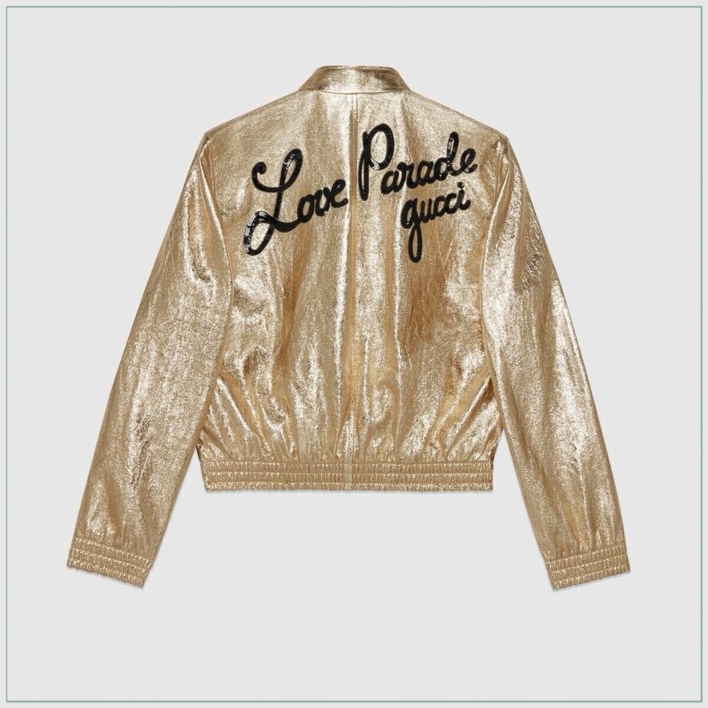 $5890 Gucci Love Parade Platinum Metallic Lambskin Runway Bomber Jacket